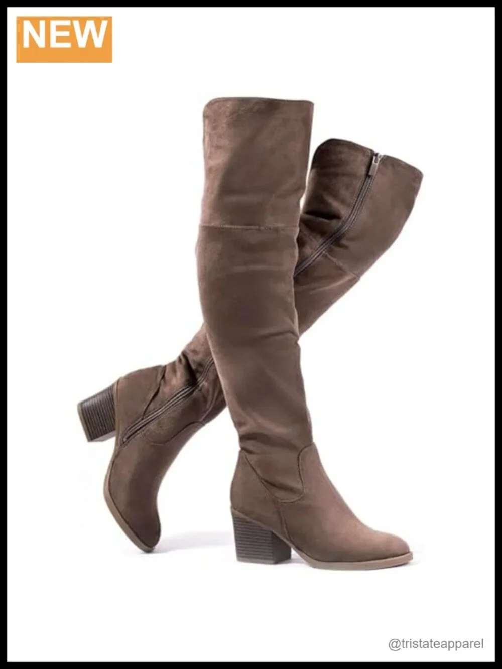 Over the Knee Thigh High Boots Block Heel Side Zipper Almond Toe Faux Suede